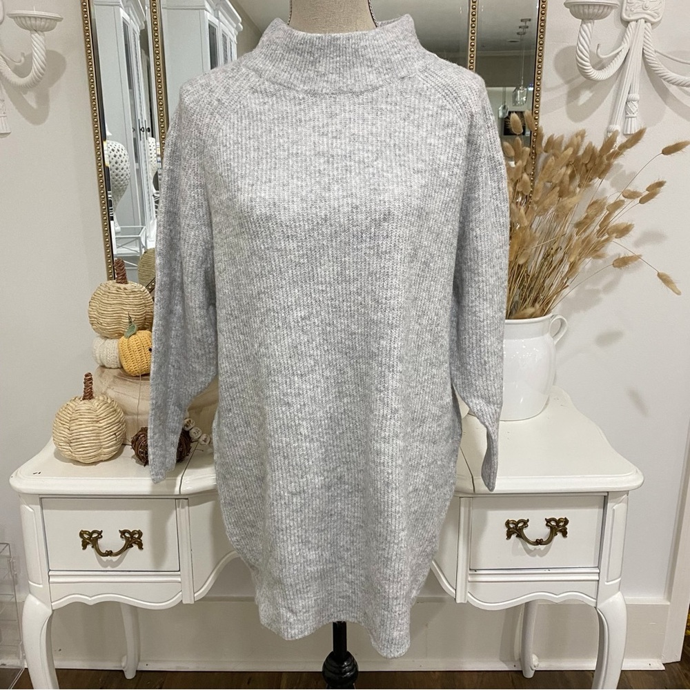 Topshop Gray Knit Tunic Sweater Ribbed Sz XS Cozy Office Wear Mock Neck